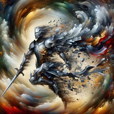 The primary subject of the image is a person dressed in a suit of armor, holding a sword. The setting is a colorful, swirling background that adds a dynamic and vibrant atmosphere to the scene. The visual style is a combination of digital art and illustration, creating a unique and eye-catching piece of art. The colors and mood are lively and energetic, with the person in armor standing out against the swirling background.